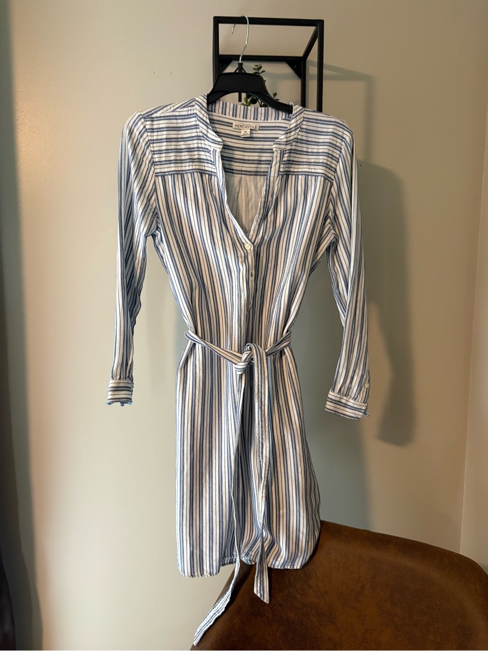 J. Crew Blue and White Striped Tie-Waist Shirt Dress